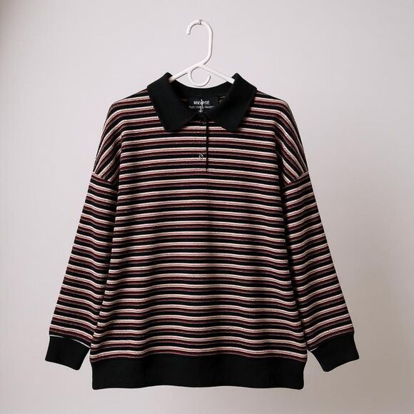 Long Sleeve Buttoned Down Crew Collar Shirt Women's XL Striped Knit Stretch - Picture 2 of 8